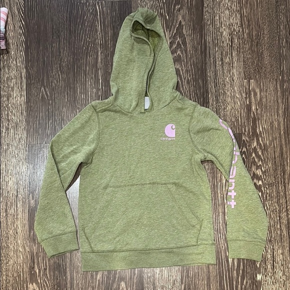 Girls Carhartt hooded sweatshirt in green with purple logo size small - Picture 1 of 5